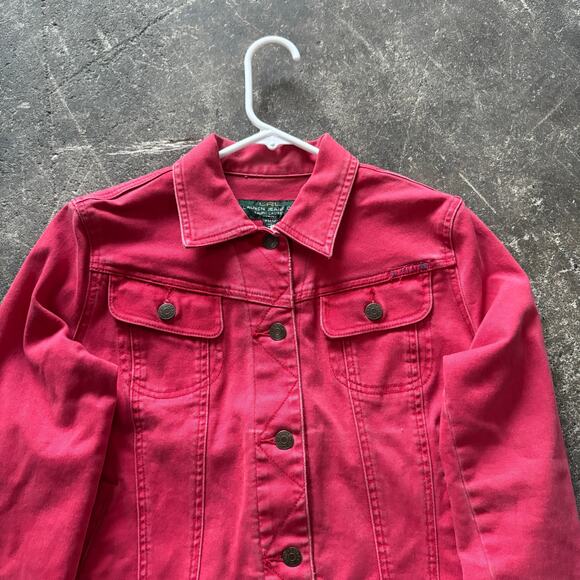 Vintage LRL Ralph Lauren Denim Jacket Womens M Petite Faded Red Trucker Jean - Picture 2 of 8